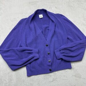 Cabi Sweater Women's Medium Cardigan Purple Ribbed Balloon Sleeve Shawl Collar